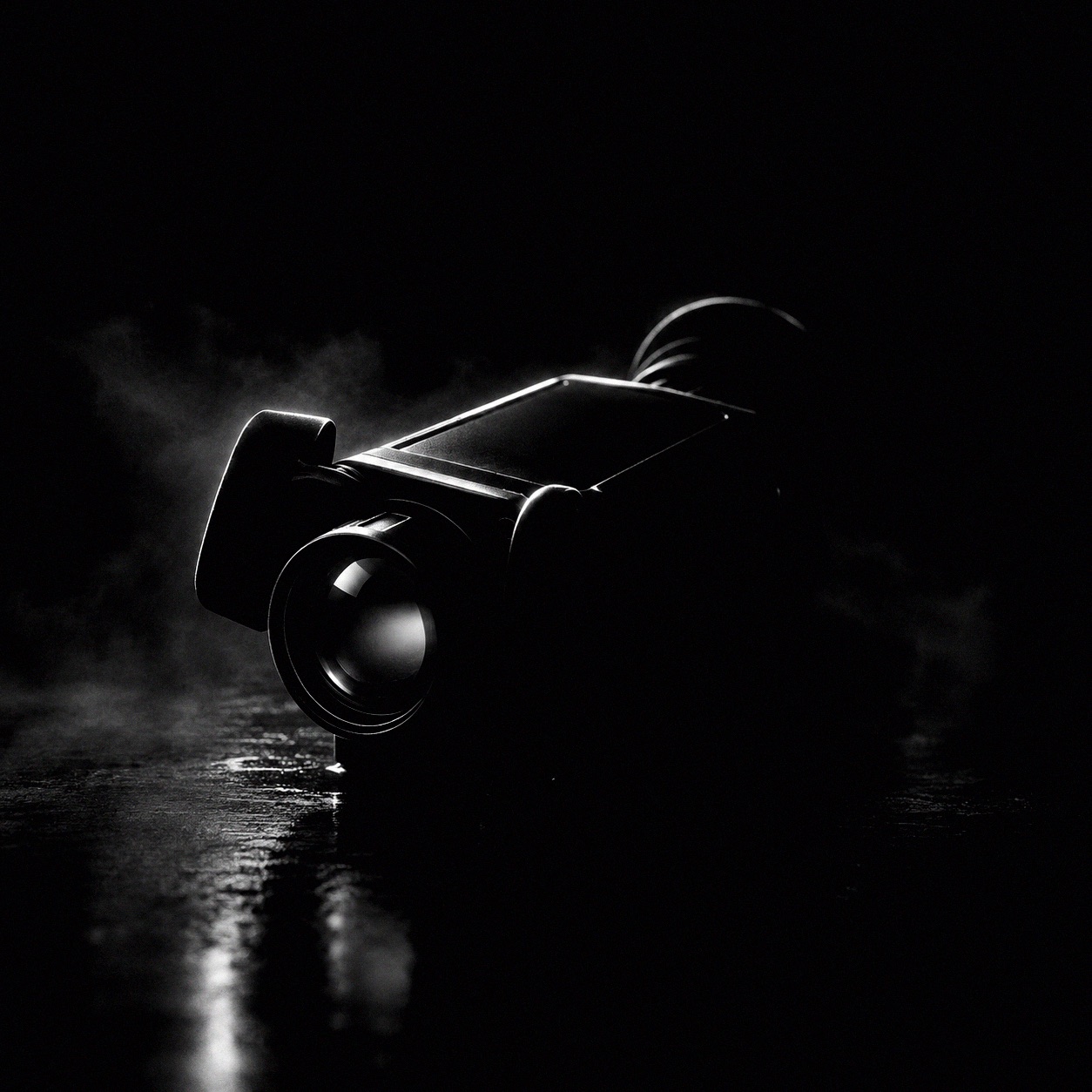 The Rubicon 640 resting on a wet surface in shadow, its lens catching the light through low mist